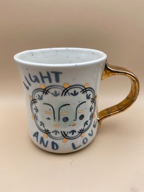ANTHROPOLOGIE LIGHT and LOVE speckled Coffee Mug with Gold Handle